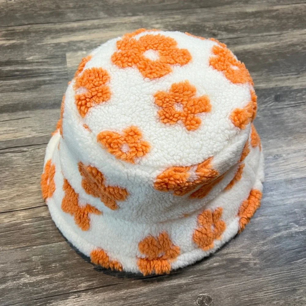 Orange Floral Sherpa Bucket Hat Cream Teddy Fleece Y2K Indie Soft Girl‎ Festival